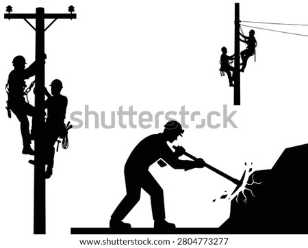 Silhouettes of linemen working on electrical utility power poles