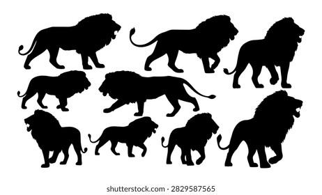 Silhouettes of lions and big cats in different stances, showcasing strength and majesty, set against a plain background for versatile use.