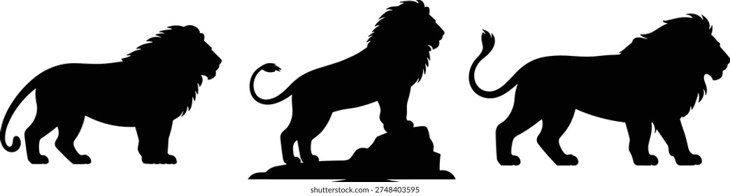 Silhouettes of lions in different poses, including standing, walking, and majestic stance on rock, representing strength, power, and wildlife design elements