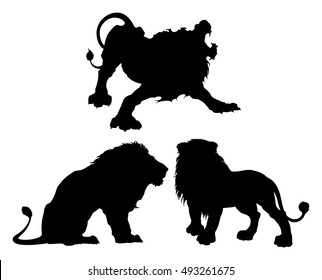 Silhouettes of lions in three different isolated poses. This graphic is ideal for logos, or other types of graphics.