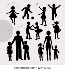 Silhouettes of little children and adult peoples