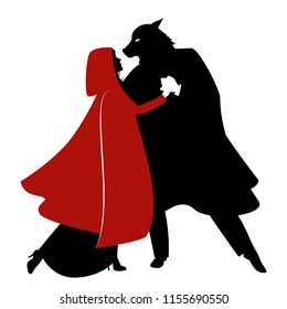 Silhouettes of Little Red Riding Hood and the Wolf dancing isolated