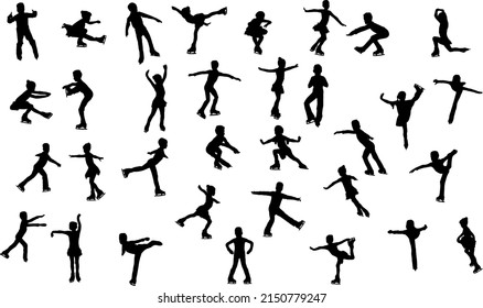 Silhouettes of little skaters performing on the ice. Set of silhouettes of children - figure skaters, isolated on a white background. Vector illustration.