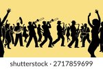 Silhouettes of a lively jazz or marching band playing instruments like tuba, trombones, and saxophones, accompanied by people dancing and cheering against a solid yellow background.