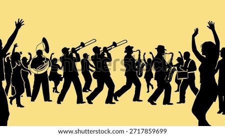 Silhouettes of a lively jazz or marching band playing instruments like tuba, trombones, and saxophones, accompanied by people dancing and cheering against a solid yellow background.
