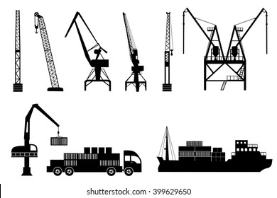 Silhouettes of loading lifting harbor cranes, truck and container ship. Vector icons set