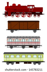 Silhouettes of locomotive and wagons in retro style. Make your own train.