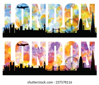 Silhouettes of London most famous landmarks with colorful sky forming the word. Editable vector illustration with elements as separate objects. Airplane can be (re)moved.