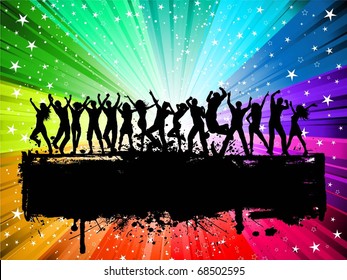 Silhouettes of lots of people dancing on a grunge starburst background