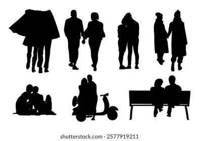 Silhouettes of Love couples dating, hugging, walking, back view. Men and women in romantic relationship, embracing, sitting, standing. Flat vector illustrations isolated on white background