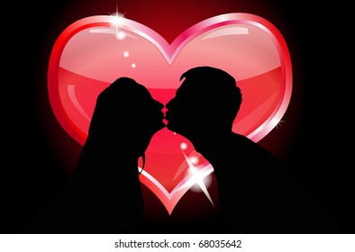 Silhouettes of lovers kissing on the background of the heart