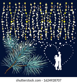 Silhouettes of lovers on a background of the starry sky