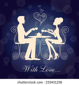 Silhouettes of lovers over a cup of tea