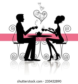 Silhouettes of lovers over a cup of tea