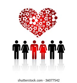 Silhouettes of Lovers Pair in crowd of people and Floral Heart