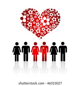 Silhouettes of Lovers Pair in crowd of people and Floral Heart