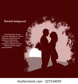 Silhouettes of lovers under the arch on red with place with your text, vector illustration