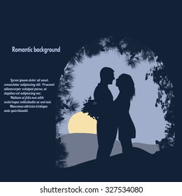 Silhouettes of lovers under the arch on blue with place with your text, vector illustration
