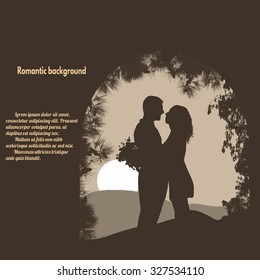 Silhouettes of lovers under the arch on retro style with place with your text, vector illustration