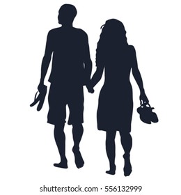 Silhouettes of lovers walking barefoots on white background