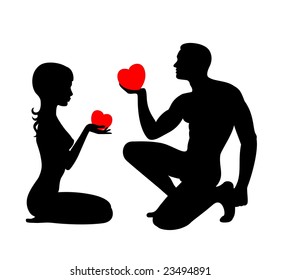 Silhouettes of lovers which give the hearts each other