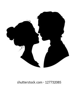 Silhouettes of loving couple. Black against white background