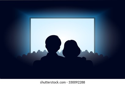 silhouettes a loving couple at movie theater