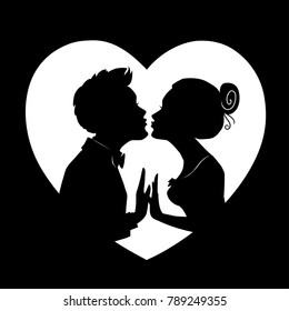 Silhouettes of loving couple on background of big heart. Guy and girl are kissing. Vector card for Valentines Day.