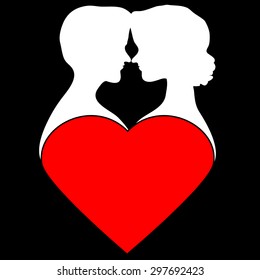 Silhouettes of loving couple on red heart