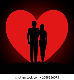 Silhouettes of loving men and women hugging each other against the background of the moon in the shape of a heart. Vector illustration