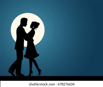 Silhouettes of loving men and women hugging each other and dancing against the background of the moon