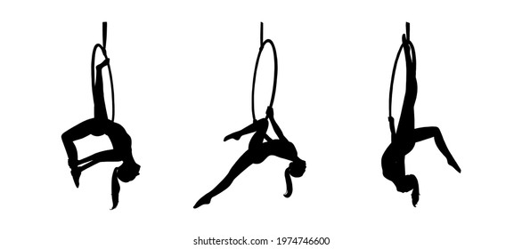 Silhouettes of lyra acrobats. Air sport performed by woman. Vector illustration