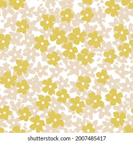 Silhouettes made of spring wild flowers and petals. Botanical painting with small pattern for textiles,Seamless texture. Small blots randomly located on an abstract flower background.