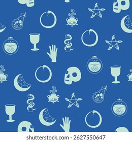 Silhouettes Magic symbols seamless pattern, with magical elements such as snake, eye, tarot cards, hand, skull, potion, moon, butterfly, mushrooms, stars. Witchcraft theme symbols and elements.