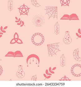 Silhouettes Magic symbols seamless pattern, with magical elements such as snake, eye, tarot cards, hand, skull, potion, moon, butterfly, mushrooms, stars. Witchcraft theme symbols and elements.