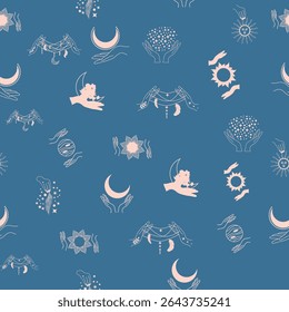 Silhouettes Magic symbols seamless pattern, with magical elements such as snake, eye, tarot cards, hand, skull, potion, moon, butterfly, mushrooms, stars. Witchcraft theme symbols and elements.