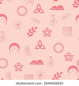 Silhouettes Magic symbols seamless pattern, with magical elements such as snake, eye, tarot cards, hand, skull, potion, moon, butterfly, mushrooms, stars. Witchcraft theme symbols and elements.
