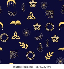 Silhouettes Magic symbols seamless pattern, with magical elements such as snake, eye, tarot cards, hand, skull, potion, moon, butterfly, mushrooms, stars. Witchcraft theme symbols and elements.