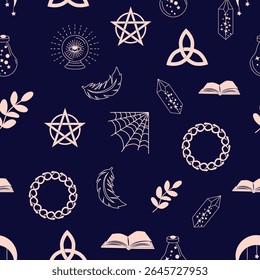 Silhouettes Magic symbols seamless pattern, with magical elements such as snake, eye, tarot cards, hand, skull, potion, moon, butterfly, mushrooms, stars. Witchcraft theme symbols and elements.