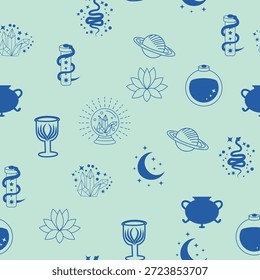 Siluetas Patrón sin fisuras de símbolos mágicos, con Elementos mágicos como serpiente, ojo, cartas de tarot, mano, cráneo, poción, luna, mariposa, hongos, estrellas. Símbolos y Elementos temáticos de brujería.