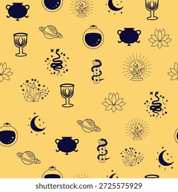 Silhuetas Símbolos mágicos padrão sem costura, com elementos mágicos como cobra, olho, cartas de tarô, mão, crânio, poção, lua, borboleta, cogumelos, estrelas. Símbolos e elementos do tema de bruxaria.