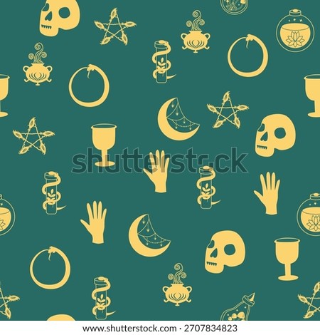 Silhouettes Magic symbols seamless pattern, with magical elements such as snake, eye, tarot cards, hand, skull, potion, moon, butterfly, mushrooms, stars. Witchcraft theme symbols and elements.
