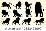 Silhouettes of majestic lions in various poses, showcasing strength, dominance, and regal presence.