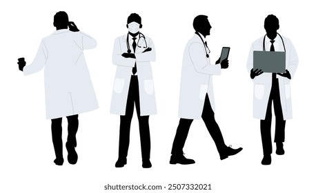 Silhouettes of Male doctor character in different poses - front, side, back rear view full length, standing and walking with laptop, tablet. Confident healthcare professional wearing lab coat, gown.