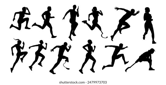 Silhouettes of Male and female athletes running. Healthy active lifestyle. Marathon, Sprint, jogging, warming up. Sport, fitness design, black vector illustrations isolated on white background.