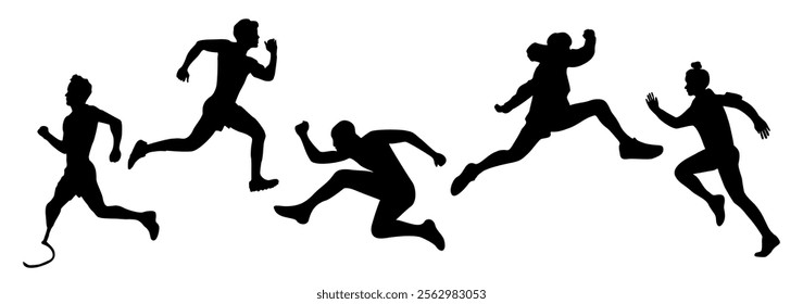 Silhouettes of Male and female athletes running. Healthy active lifestyle. Maraphon, Sprint, jogging, warming up. Sport, fitness design, black vector illustrations isolated on white background.