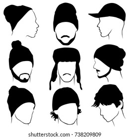 silhouettes of male heads in different hats