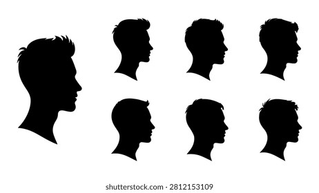 Silhouettes of male profiles showcasing different angles and hairstyles, emphasizing diversity and facial structure in black against a white background.