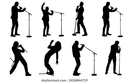 
Silhouettes of a male singer performing with different enthusiastic gestures