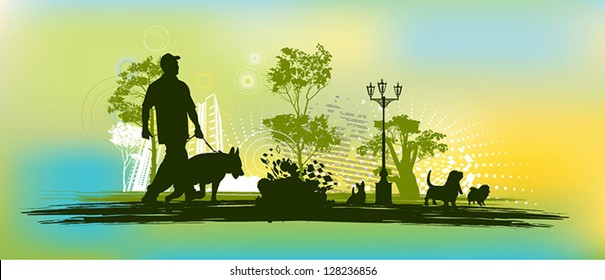 Silhouettes of man and dog in green